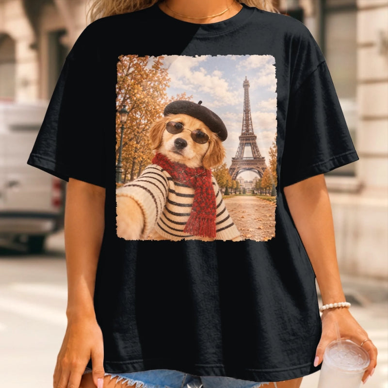 Custom Photo Funny Dog Selfie in Paris
Comfort T-Shirt - Personalized Birthday Gifts For Dog Cat Lovers, Dog Dad And Mom, Cat Owners - Parisian Vibes With My Pup