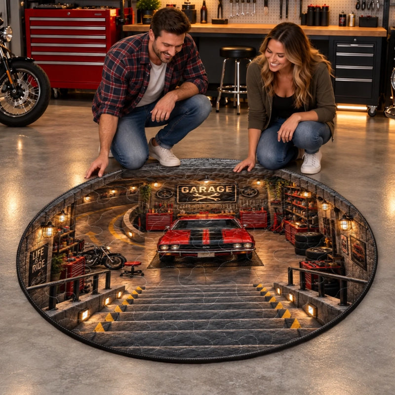 Classic Car Garage Decor for Auto Enthusiasts - Quilted Round Mat