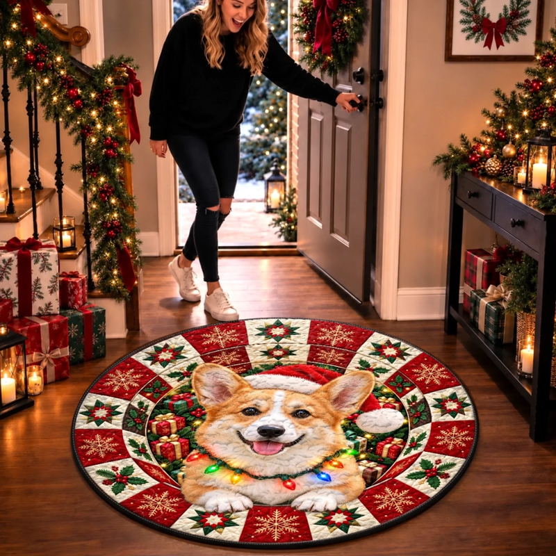 Custom Dog Photo Christmas Decor - Personalized Quilted Round Mat