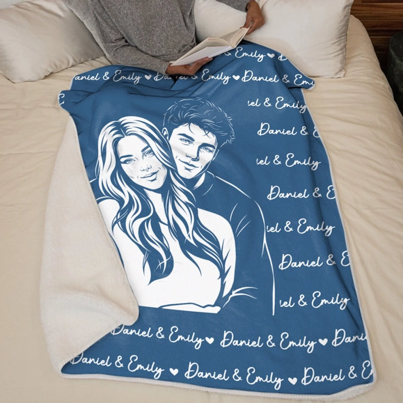 Custom Photo Couple Portrait Anniversary Gifts For Husband And Wife, Him And Her - Personalized Blanket
