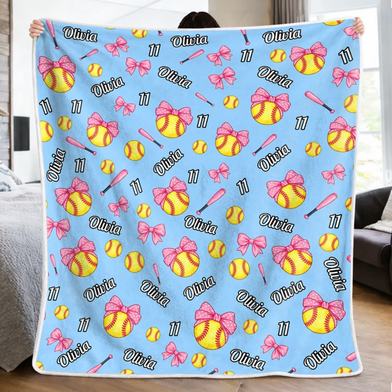 Custom Name Number Softball Gifts for Kids - Personalized Blanket