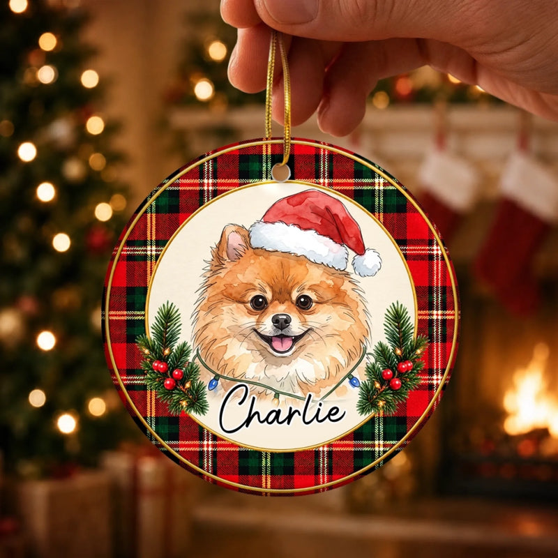 Custom Pet Photo Tartan Christmas Gifts For Cat And Dog Lovers - Personalized Ceramic Ornament