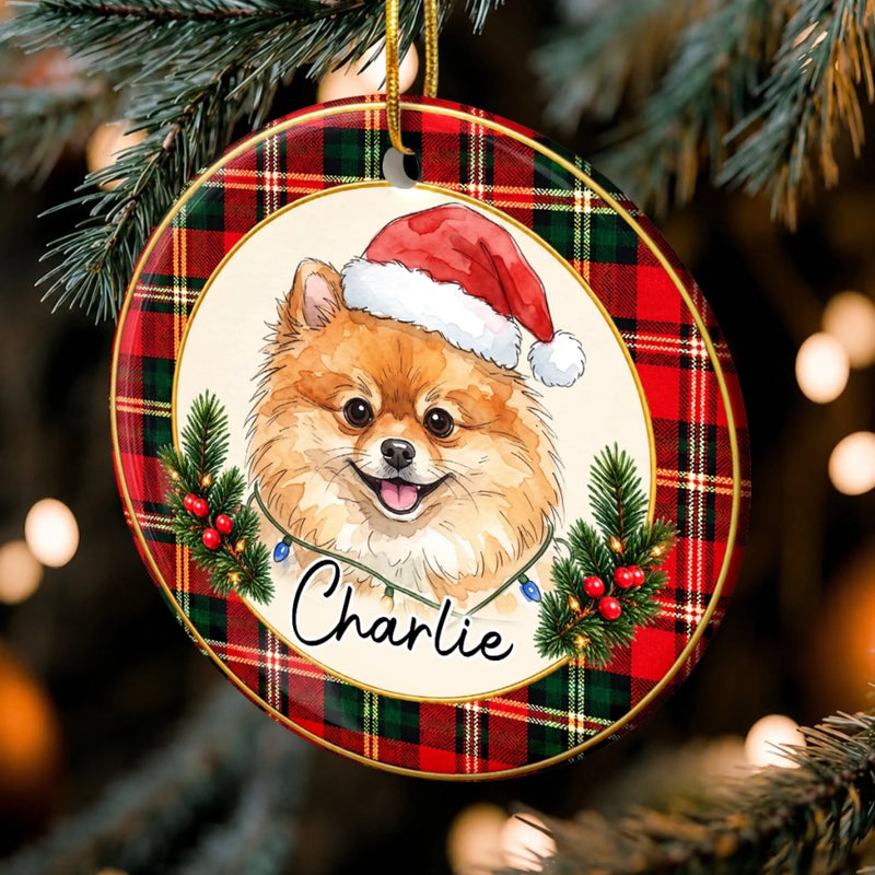 Custom Pet Photo Tartan Christmas Gifts For Cat And Dog Lovers - Personalized Ceramic Ornament