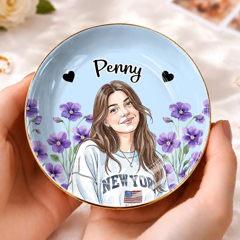 Custom Photo Name Floral Portrait Gifts for Women - Personalized Jewelry Dish