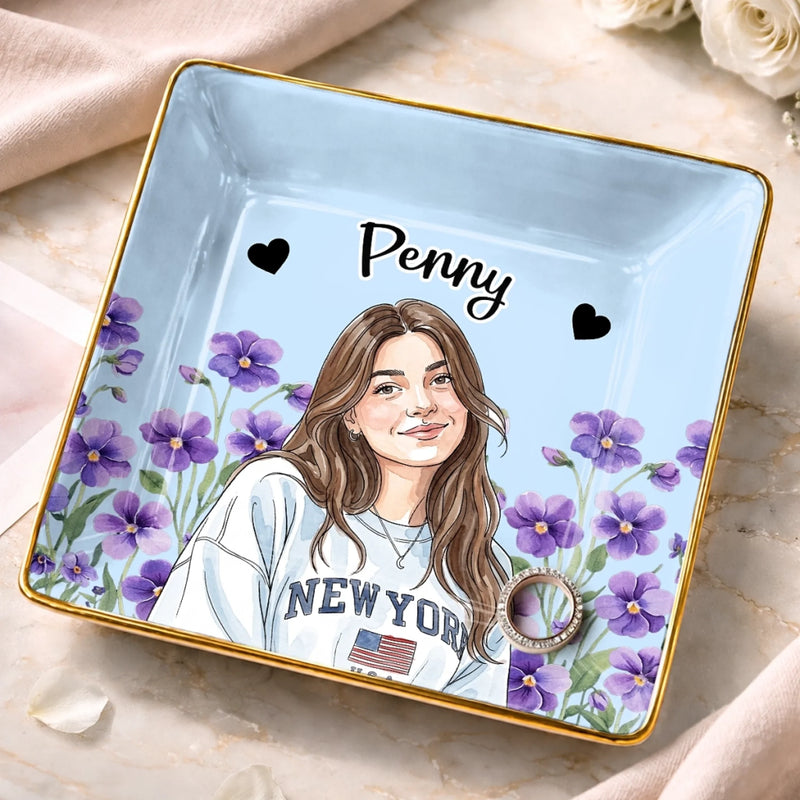 Custom Photo Name Floral Portrait Gifts for Women - Personalized Jewelry Dish