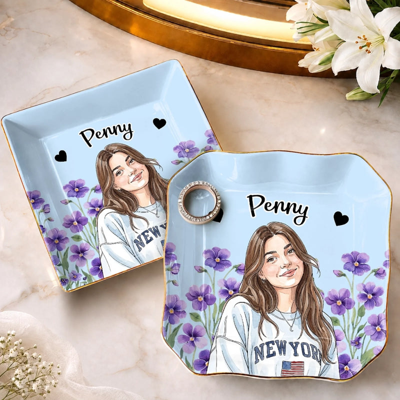 Custom Photo Name Floral Portrait Gifts for Women - Personalized Jewelry Dish
