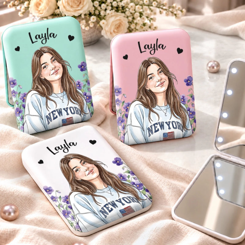 Custom Photo Illustrated Girl Gifts For Women - Personalized LED Compact Makeup Mirror