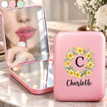 Custom Initial and Name Floral Gifts for Her - Personalized LED Compact Makeup Mirror