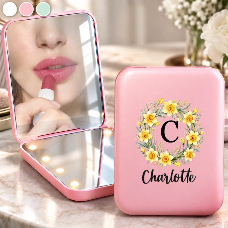 Custom Initial and Name Floral Gifts for Her - Personalized LED Compact Makeup Mirror