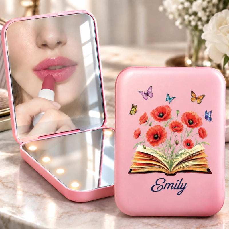 Custom Name Floral Bookish Gifts For Women And Book Lovers - Personalized LED Compact Makeup Mirror