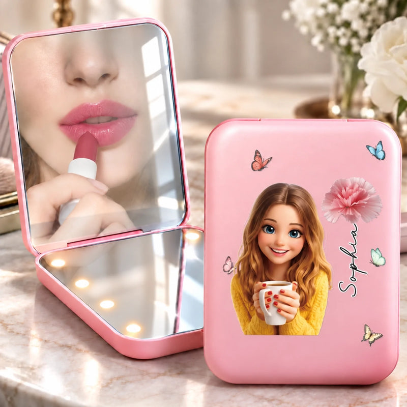 Custom Photo Name Birth Month Flower Gifts For Women And Girls - Personalized LED Compact Makeup Mirror