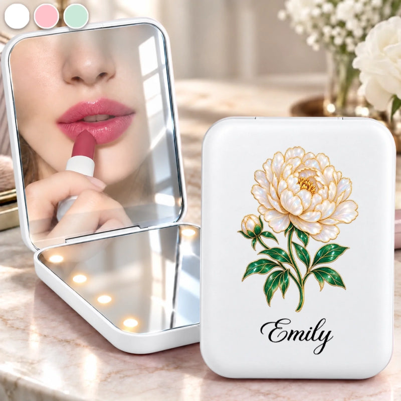 Custom Name Birth Month Flower Makeup Gifts For Women - Personalized LED Compact Makeup Mirror
