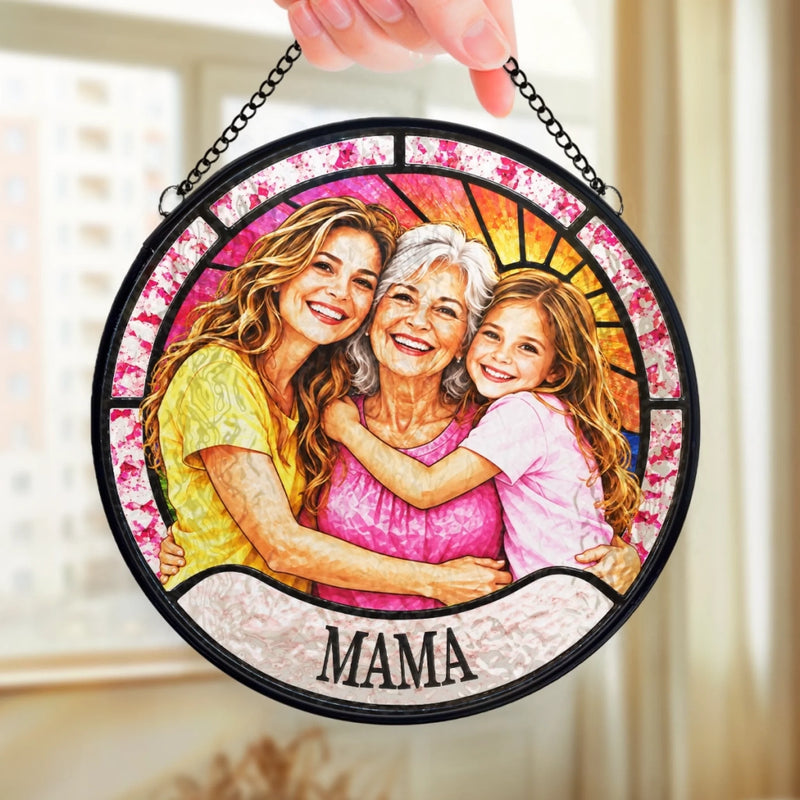 Custom Photo Generational Family Gifts For Mom, Grandma - Personalized Stained Glass Window Hanging Suncatcher