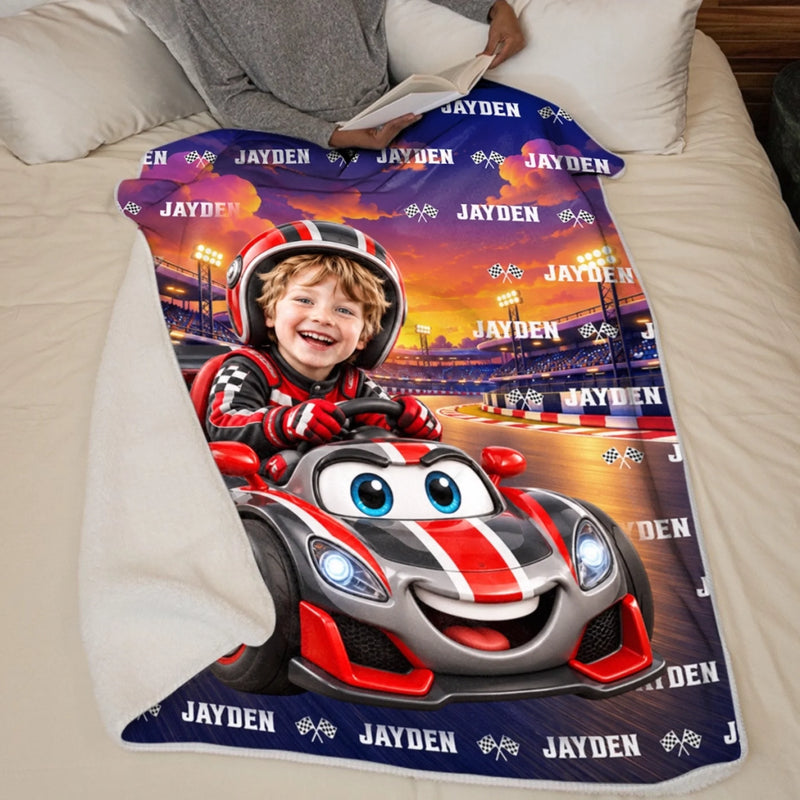Custom Photo Checkered Flag Racing Gifts for Kids - Personalized Blanket