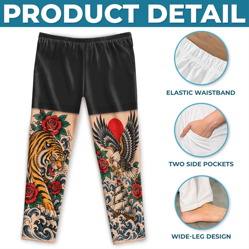 Custom Tiger Eagle Tattoo Art Gifts for Men - Personalized Pajamas Pants