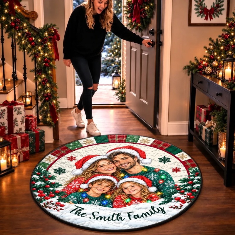 Custom Photo Family Christmas Decor - Personalized Quilted Round Mat