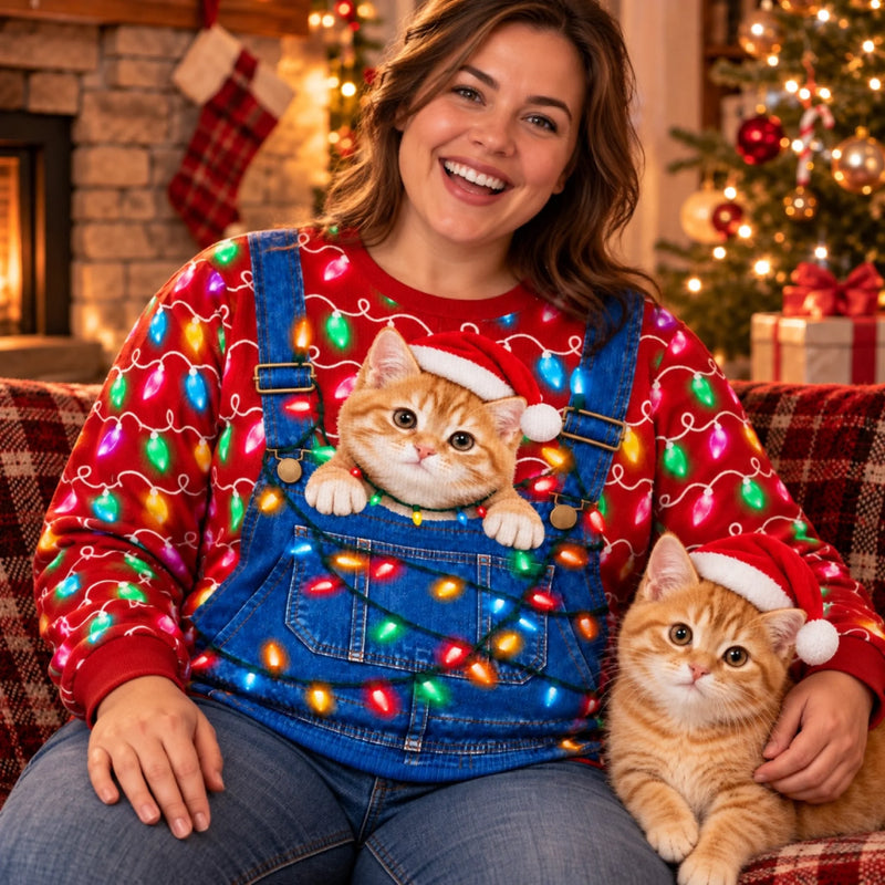 Custom Pet Photo Santa Hat Husky Christmas Gifts For Dog Cat Lovers, Pet Lovers - Personalized Ugly Sweatshirt