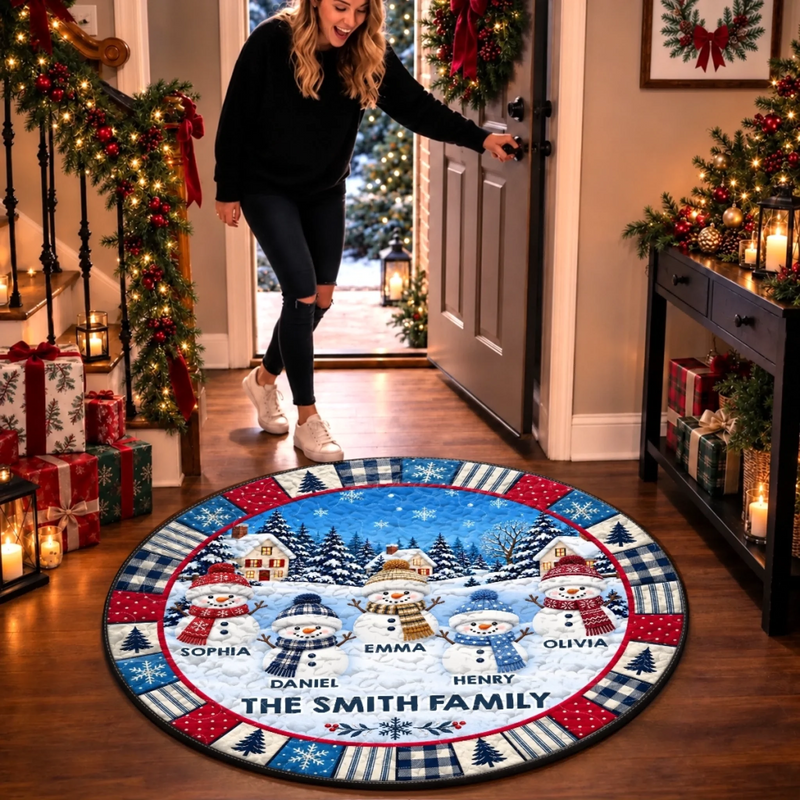 Custom Name Snowman Christmas Family Scene Decor - Personalized Quilted Round Mat