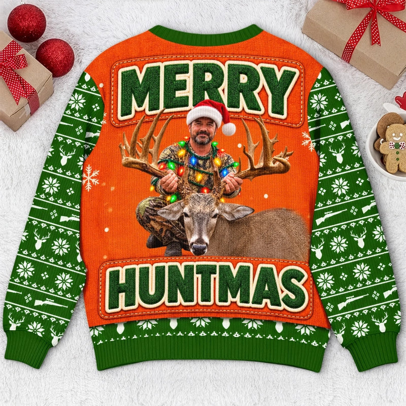 Custom Photo Merry Huntmas Deer Scene for Him - Personalized Ugly Sweatshirt