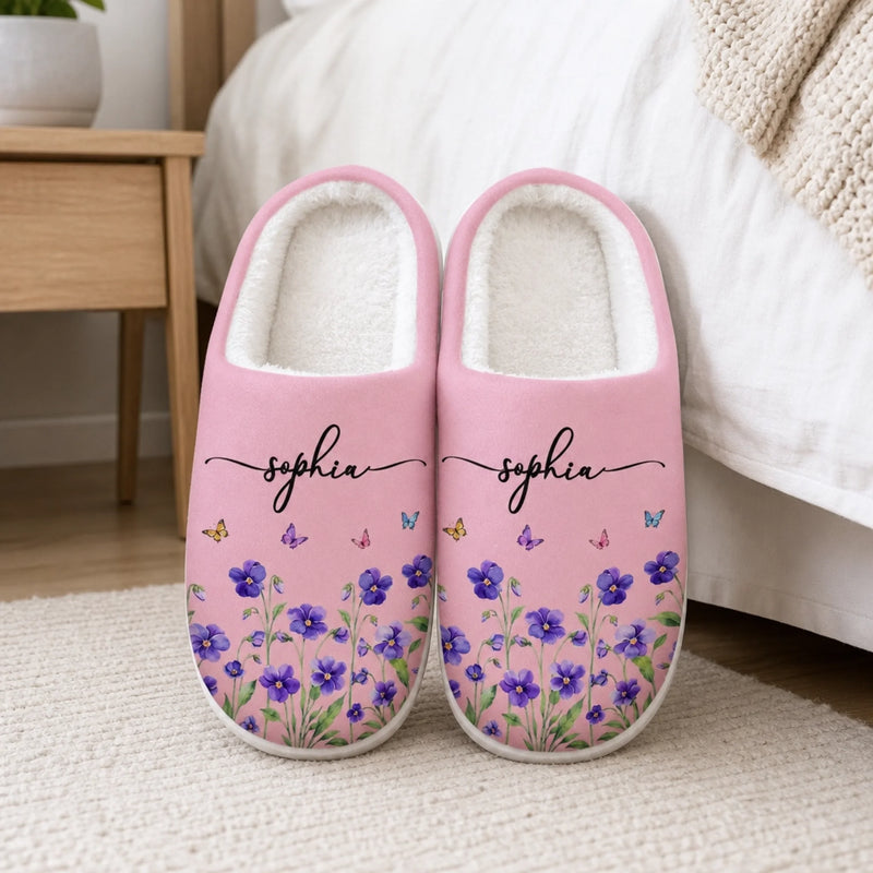 Custom Name Birth Month Flowers Gifts For Women - Personalized Fluffy Slippers