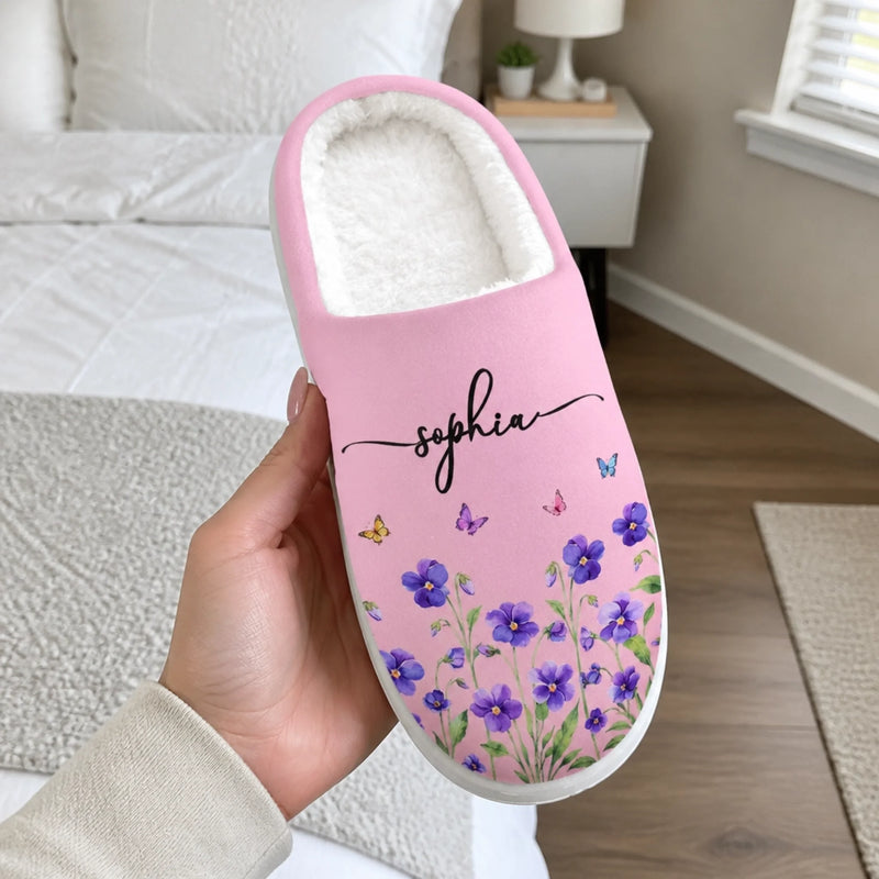 Custom Name Birth Month Flowers Gifts For Women - Personalized Fluffy Slippers