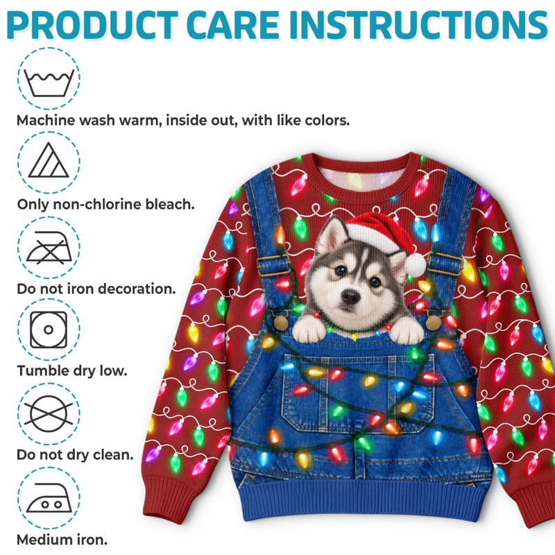 Custom Pet Photo Santa Hat Husky Christmas Gifts For Dog Cat Lovers, Pet Lovers - Personalized Ugly Sweatshirt