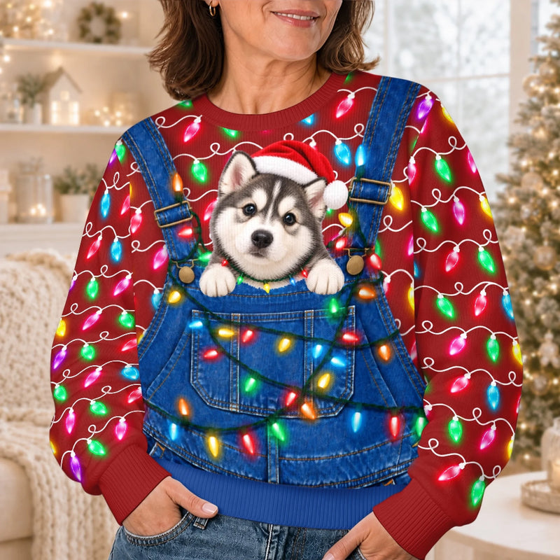 Custom Pet Photo Santa Hat Husky Christmas Gifts For Dog Cat Lovers, Pet Lovers - Personalized Ugly Sweatshirt