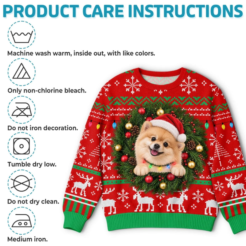 Custom Pet Photo Christmas Wreath Gifts For Dog And Cat Lovers - Personalized Ugly Sweatshirt
