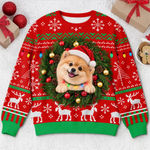 Custom Pet Photo Christmas Wreath Gifts For Dog And Cat Lovers - Personalized Ugly Sweatshirt
