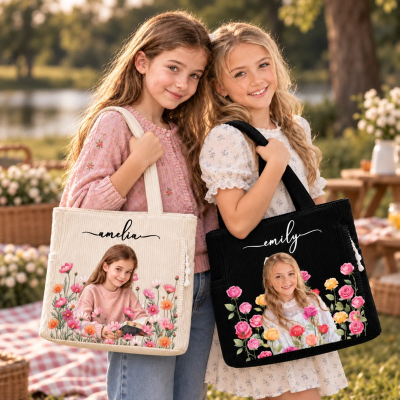 Custom Photo Birth Month Flowers Gifts For Women - Personalized Corduroy Tote Bag