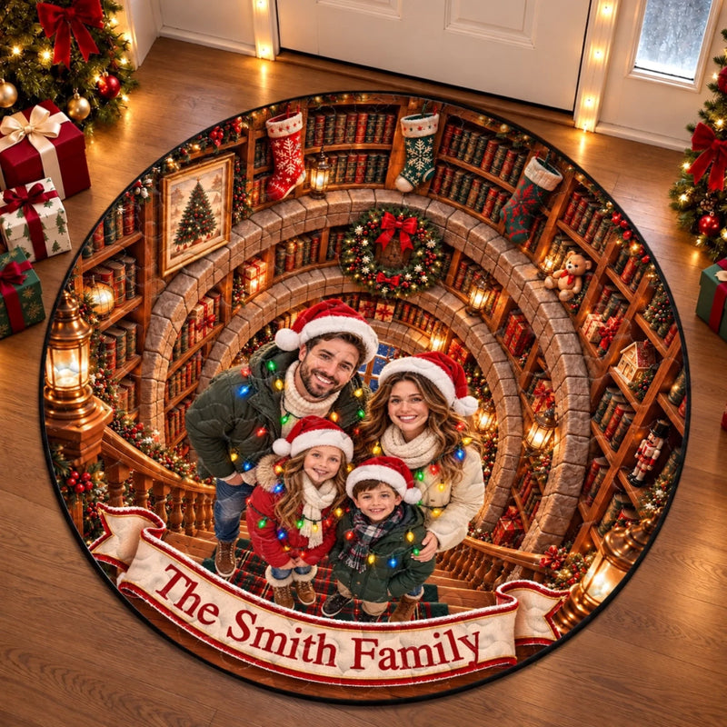 Custom Photo Christmas Family Library Decor - Personalized Quilted Round Mat