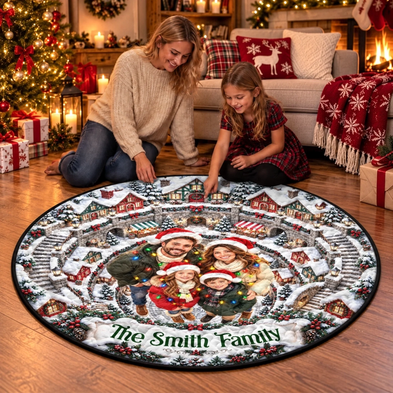 Custom Photo Christmas Village Family Decor - Personalized Quilted Round Mat