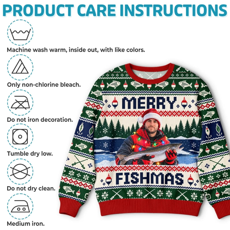 Custom Photo Fishmas Christmas Gifts for Anglers - Personalized Ugly Sweatshirt