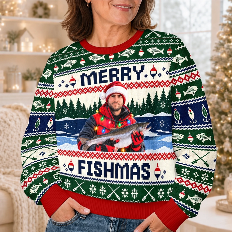 Custom Photo Fishmas Christmas Gifts for Anglers - Personalized Ugly Sweatshirt