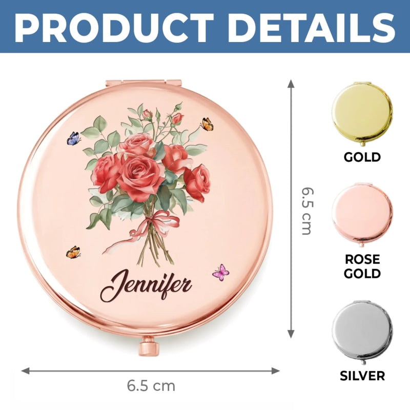 Custom Name Rose and Butterfly Bouquet Gifts For Women - Personalized Compact Mirror