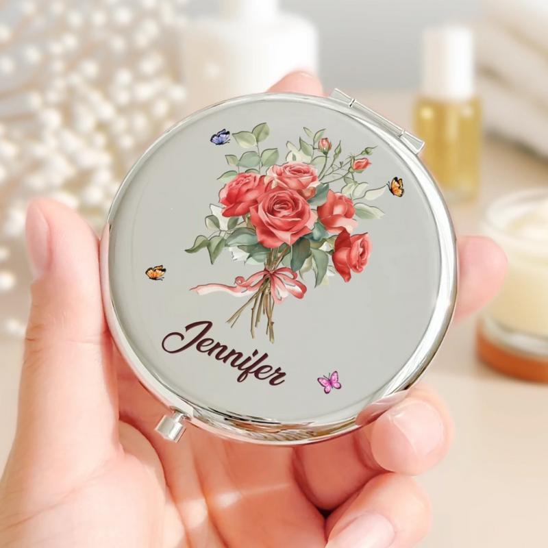 Custom Name Rose and Butterfly Bouquet Gifts For Women - Personalized Compact Mirror