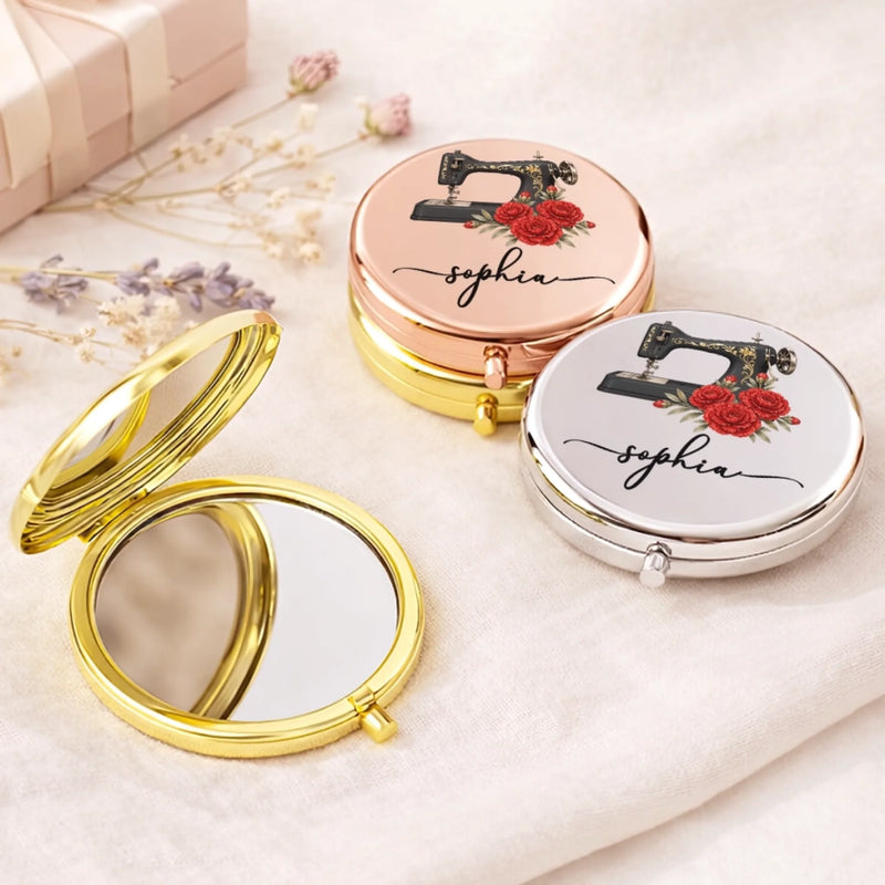 Custom Name Sewing Machine Floral Gifts For Seamstresses, Women - Personalized Compact Mirror