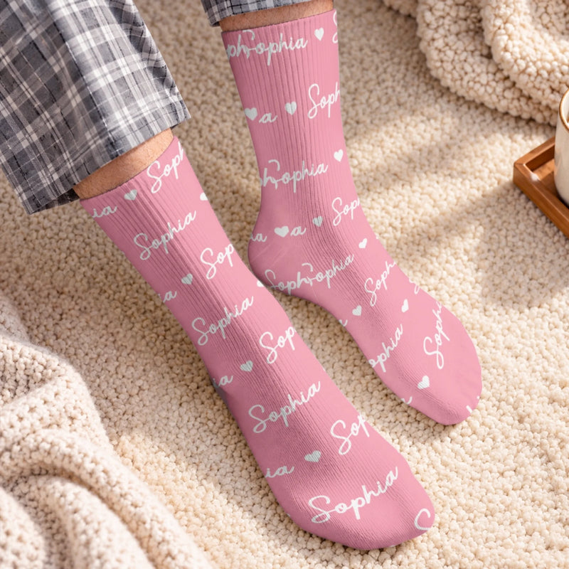 Custom Name Heart Pattern Gifts For Family, Kids - Personalized Middle Tube Socks