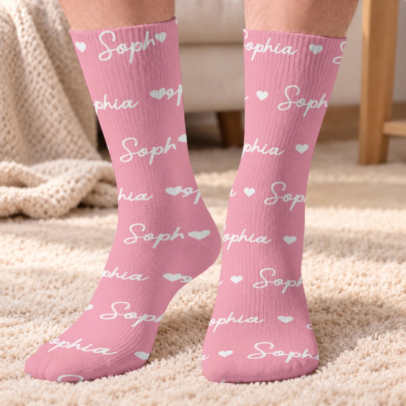 Custom Name Heart Pattern Gifts For Family, Kids - Personalized Middle Tube Socks