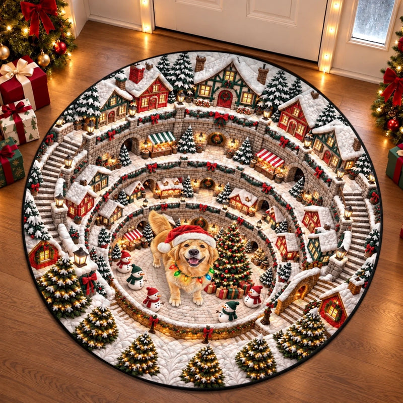 Custom Pet Photo Christmas Village Decor Gifts For Dog And Cat Lovers - Personalized Quilted Round Mat