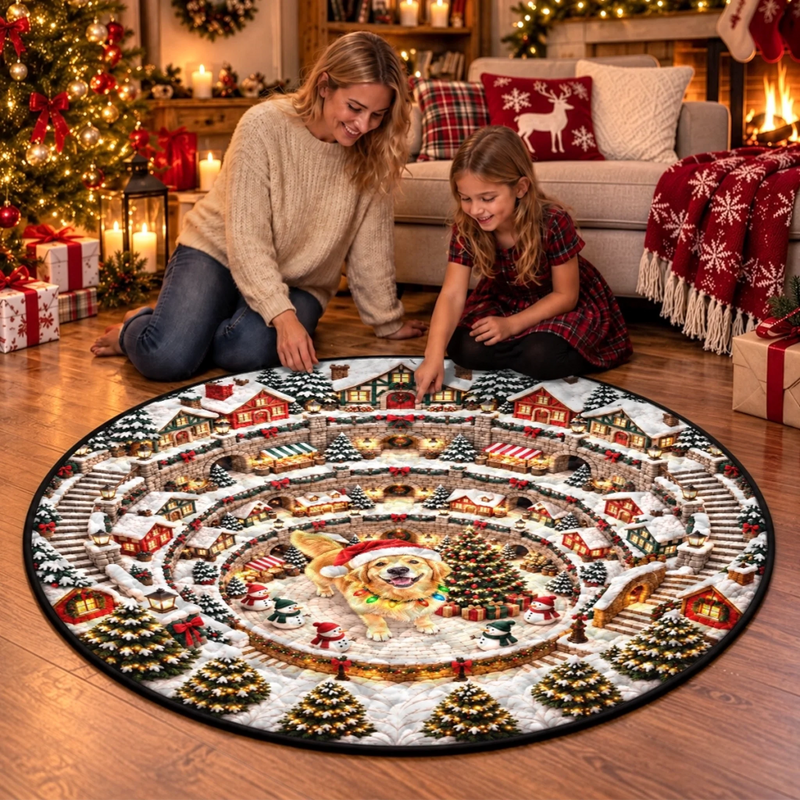Custom Pet Photo Christmas Village Decor Gifts For Dog And Cat Lovers - Personalized Quilted Round Mat