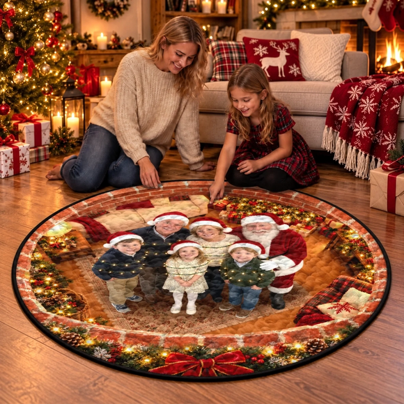 Custom Photo Santa Family Christmas Decor - Personalized Quilted Round Mat