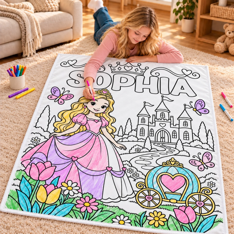 Custom Name Princess Coloring Gifts for Girls - Personalized Doodle Blanket