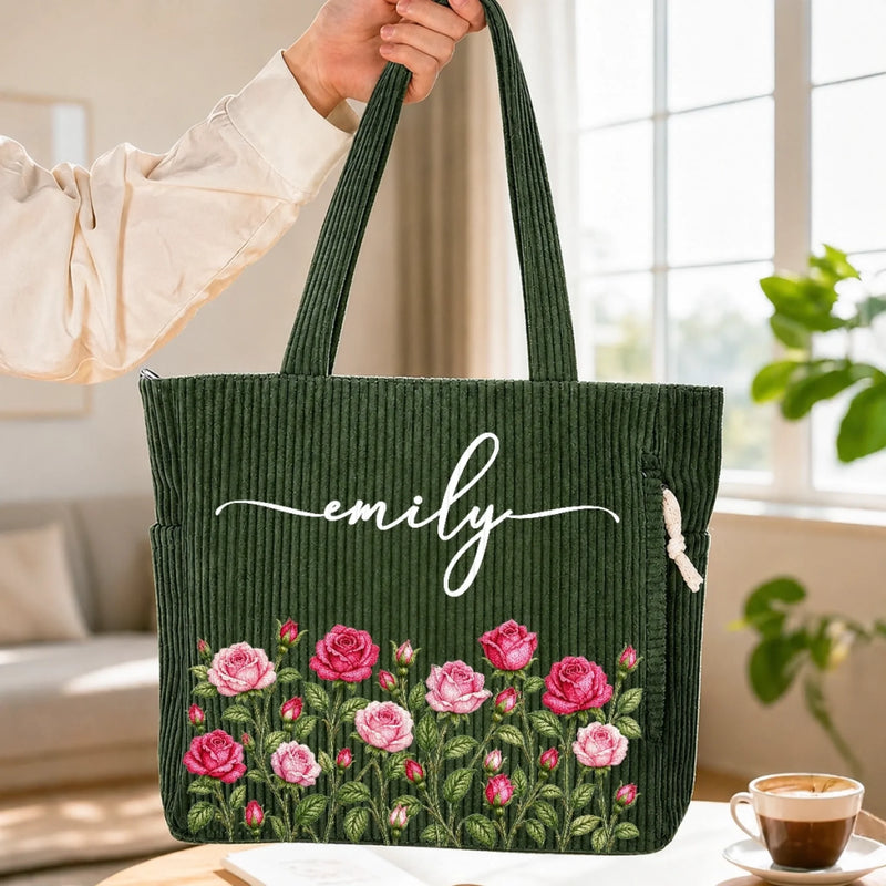 Custom Name Floral Gifts For Women - Personalized Corduroy Tote Bag