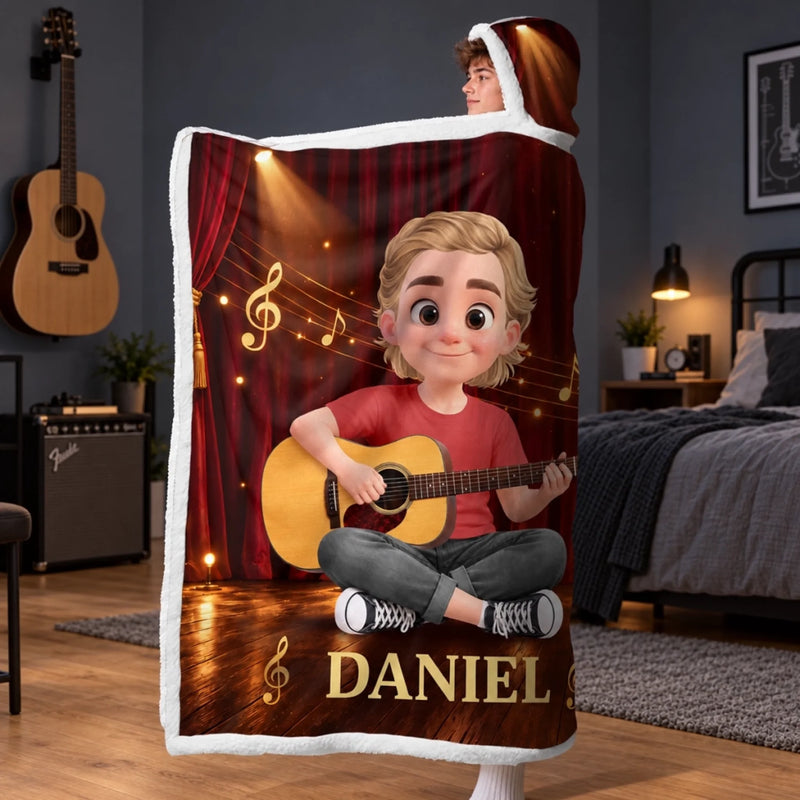 Custom Name Young Guitarist Gifts for Kids - Personalized Wearable Blanket Hoodie