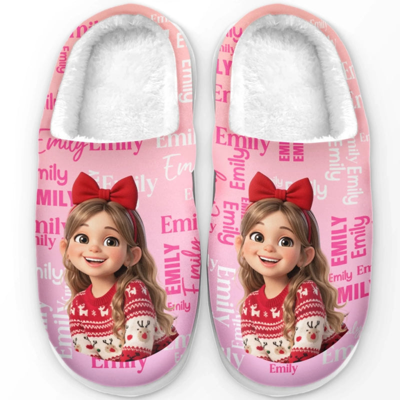 Custom Photo And Name Christmas Gifts For Kids - Personalized Fluffy Slippers