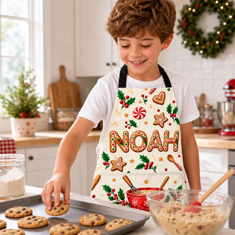 Custom Name Christmas Cookie Baking Gifts For Kids - Personalized Apron With Pocket