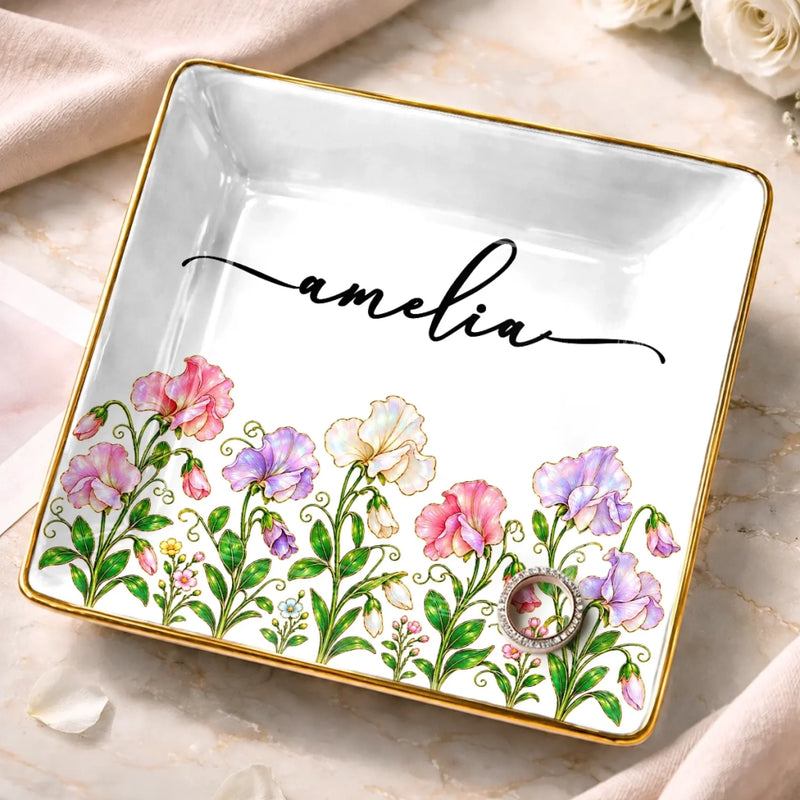 Custom Name Garden Flower Keepsake Gifts For Women - Personalized Jewelry Dish