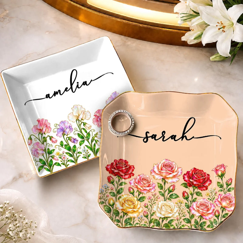 Custom Name Garden Flower Keepsake Gifts For Women - Personalized Jewelry Dish