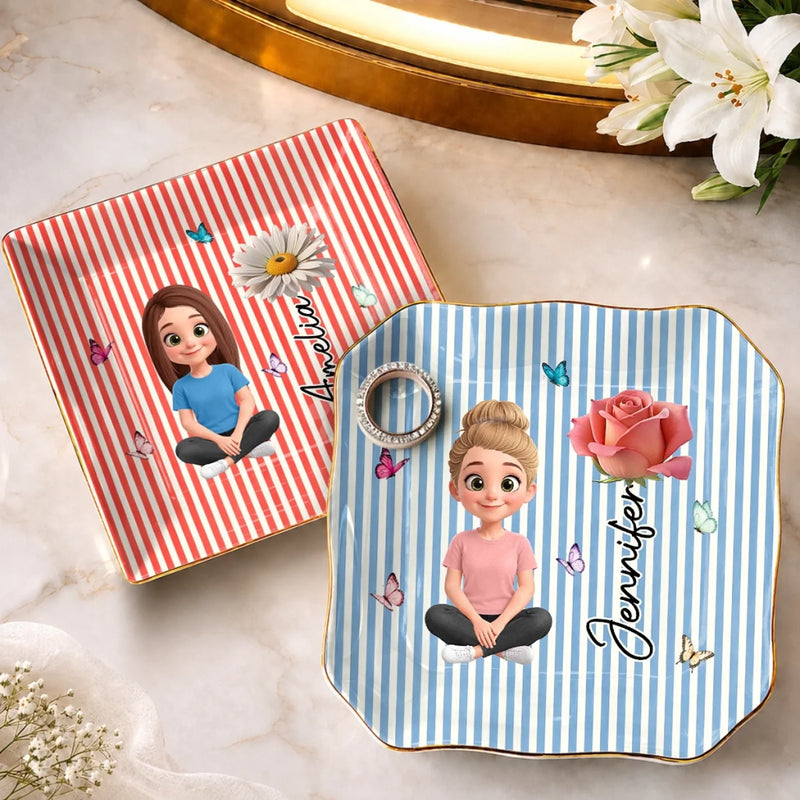 Custom Name Butterfly Girl Floral Gifts For Women - Personalized Jewelry Dish